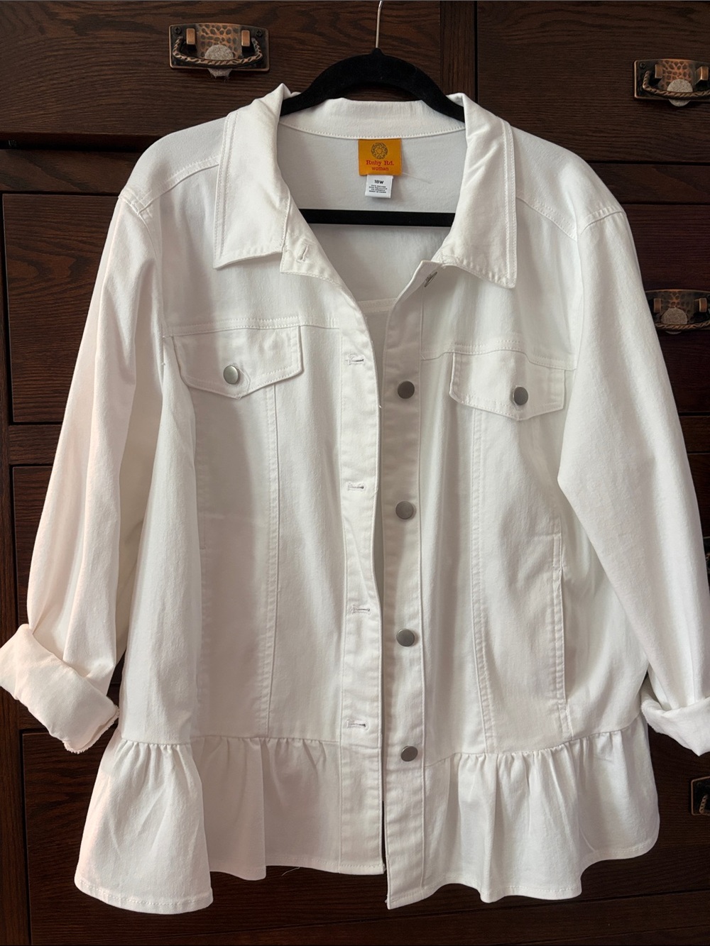 Ruby Rd. White Ruffle-Hem Jean Jacket with Button Front